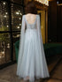 Light Blue V-neckline Beaded Floor Length Prom Dress, Light Blue Tulle Party Dress